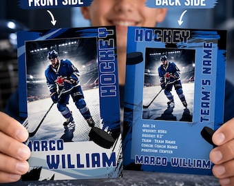 May include: Two rectangular hockey trading cards featuring a player in a blue uniform on the ice. The front displays the name MARCO WILLIAM and the word HOCKEY. The back includes the text HOCKEY, TEAM'S NAME, MARCO WILLIAM, and player stats.