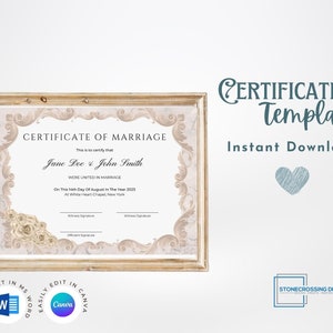 Editable Certificate Of Marriage Template. Marriage License. Printable Certificate. Editable with Canva or Microsoft Word.