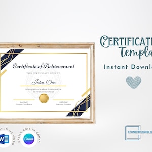 Editable Certificate of Achievement Template. Award Template. Printable Certificate. Editable with Canva or Microsoft Word.