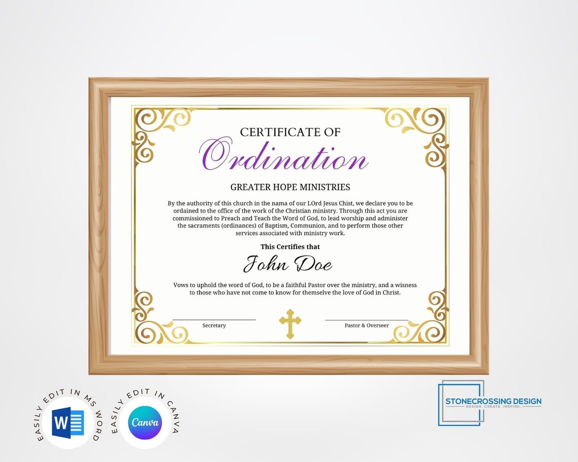 Editable Certificate of Ordination Template. Ordained Minister