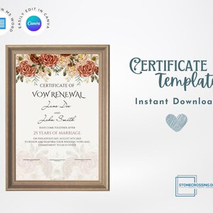 Editable Certificate Of Vow Renewal Template. Marriage License. Printable Certificate. Editable with Canva or Microsoft Word.