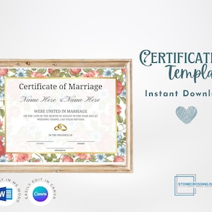 Editable Certificate Of Marriage Template. Marriage License. Printable Certificate. Editable with Canva or Microsoft Word.