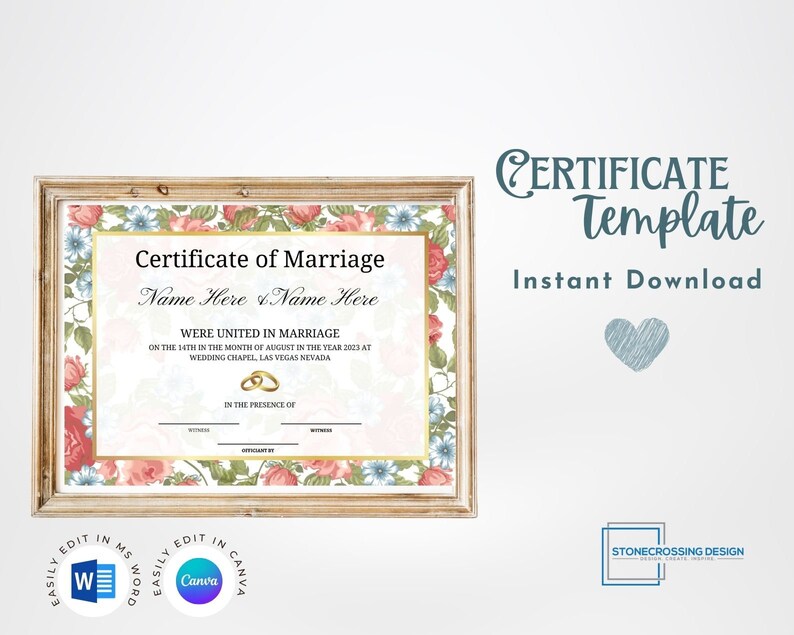 Editable Certificate of Marriage Template. Marriage License. Printable Certificate. Editable ...