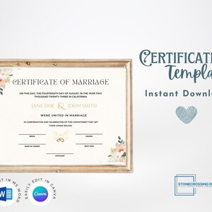 Editable Certificate Of Marriage Template. Marriage License. Printable Certificate. Editable with Canva or Microsoft Word.