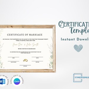 Editable Certificate Of Marriage Template. Marriage License. Printable Certificate. Editable with Canva or Microsoft Word.