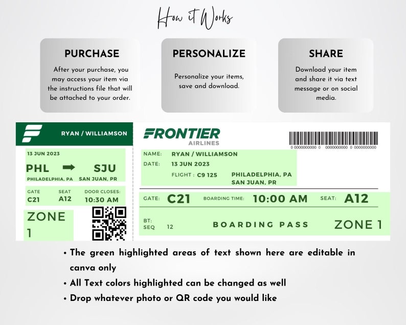 Editable Airline Boarding Pass Ticket Template. Surprise Trip Ticket