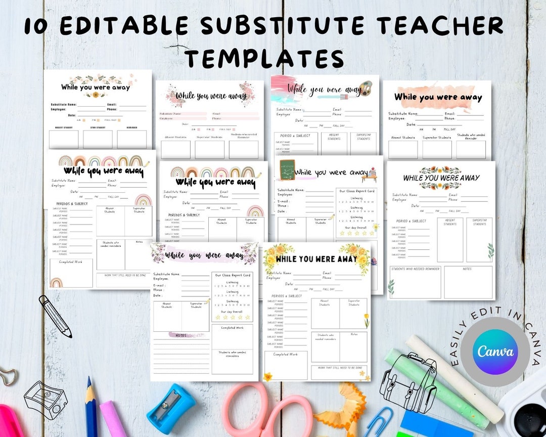 10 Substitute Teacher Notes, Personalized Teacher Notes, Classroom Notes, Editable Teacher
