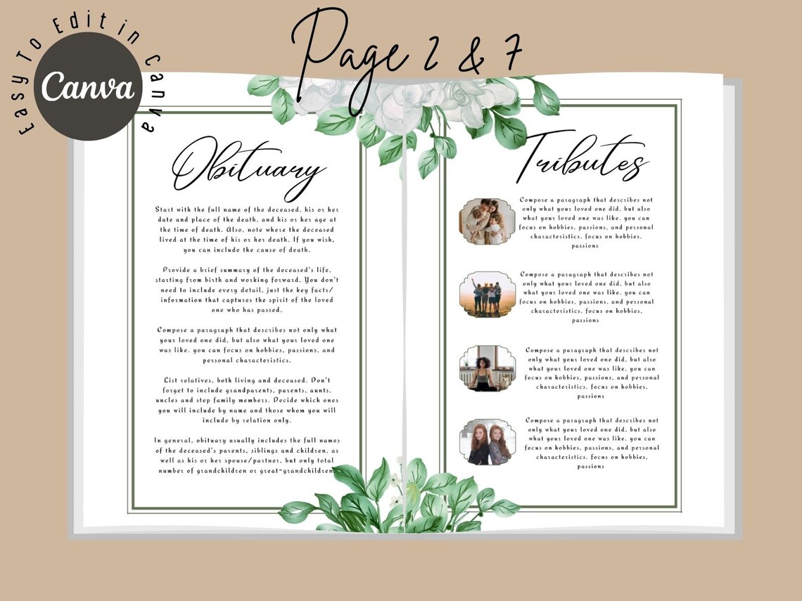 8 Page Funeral Program Template 8 Page Obituary Template Etsy