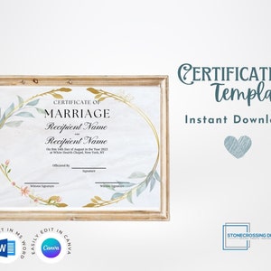 Editable Certificate Of Marriage Template. Marriage License. Printable Certificate. Editable with Canva or Microsoft Word.