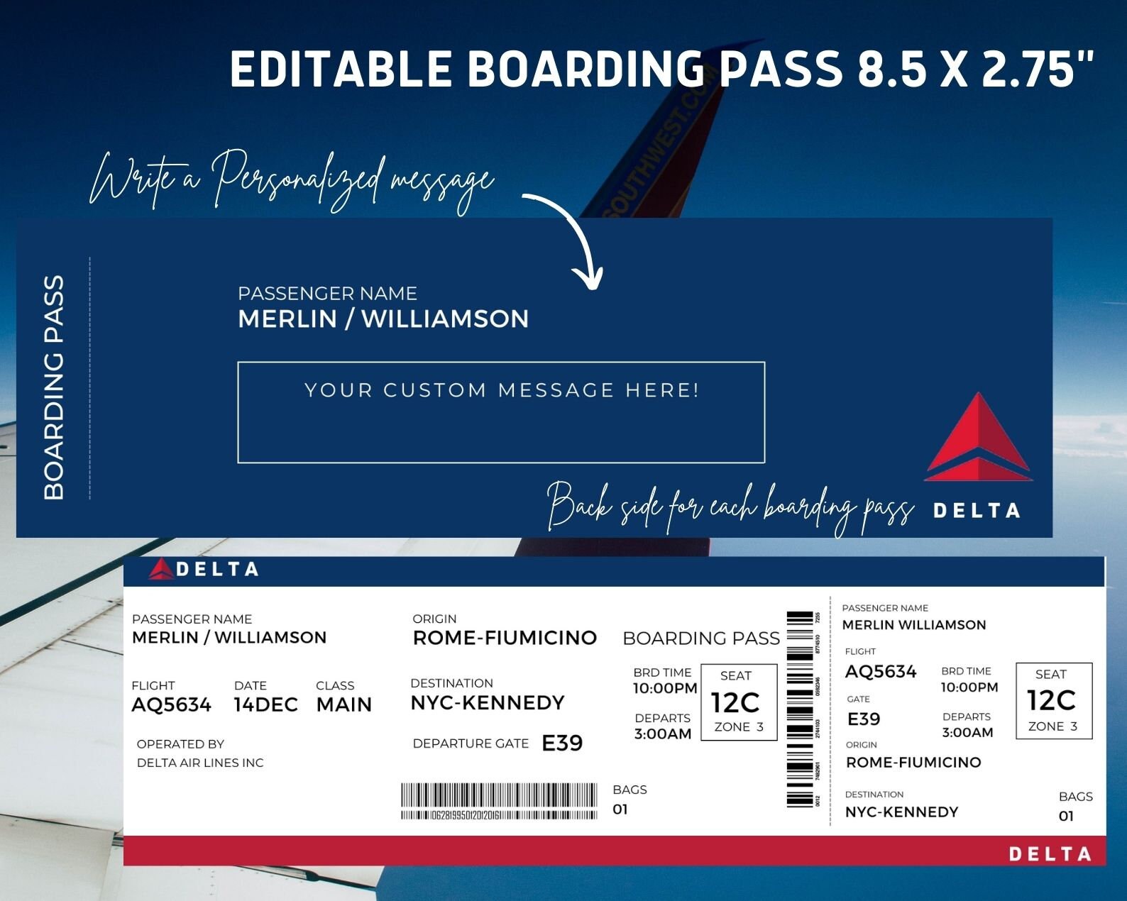 Editable Airline Boarding Pass Ticket Template. Surprise Trip Etsy