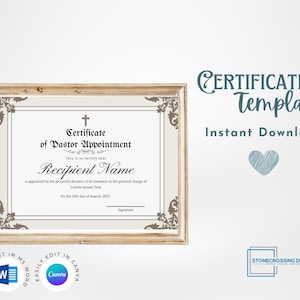 Editable Certificate of Pastor Appointment. Editable with Canva or Microsoft Word. Instant Download. Printable Certificate.
