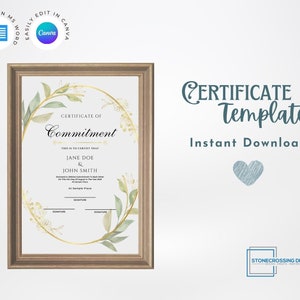 May include: A printable certificate template with a gold and green floral design. The text on the certificate reads "Certificate of Commitment".