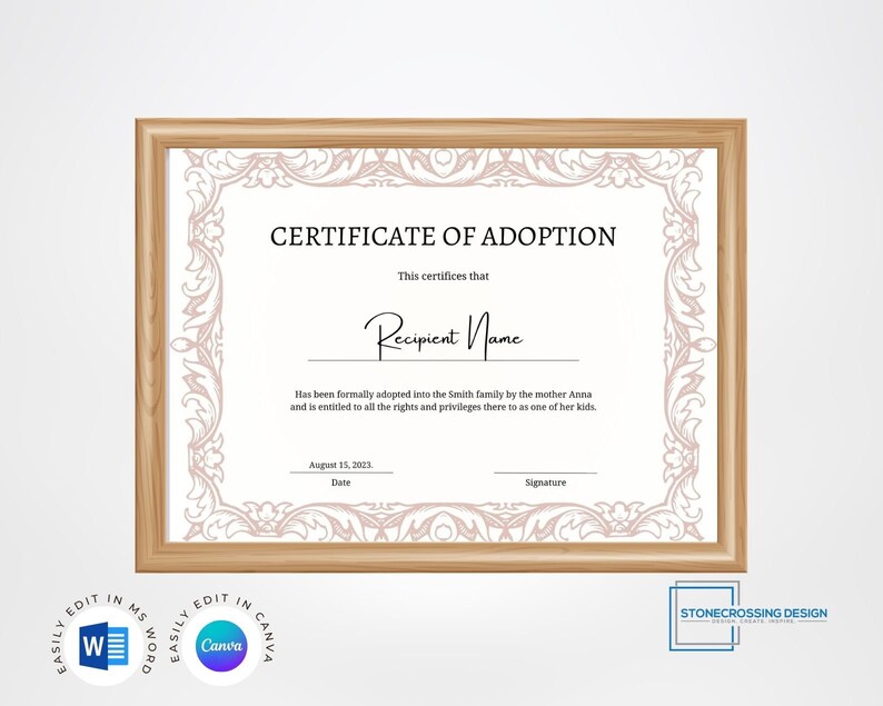 Adopt Signature Editable Certificate of Adoption Template. Adoption Certificate ...