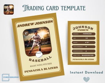 Puede incluir: Una plantilla de tarjeta de béisbol para imprimir con una foto de un joven jugador de béisbol con uniforme. La plantilla incluye espacio para el nombre del jugador, la posición, la edad, la altura, el total de jonrones, las temporadas jugadas, la ciudad natal y el nombre del equipo. La plantilla es de estilo vintage con colores marrón y dorado.