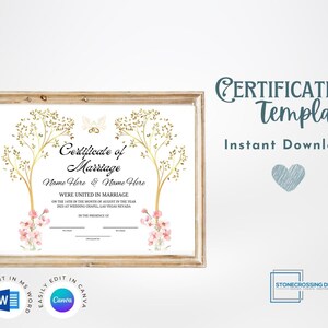 Editable Certificate Of Marriage Template. Marriage License. Printable Certificate. Editable with Canva or Microsoft Word.