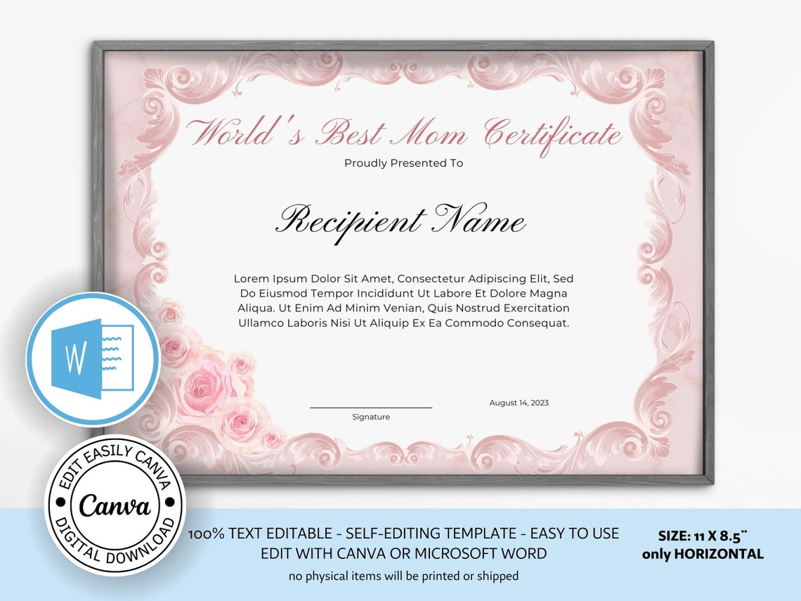 Editable Certificate for Best Mom. Award Template. Printable - Etsy