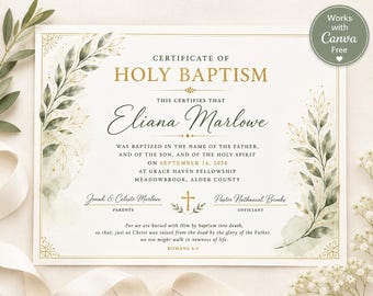 Editable Baptism Certificate, Baptism Canva Template, Printable Baptism Certificate, Christening Certificate, Digital Certificate