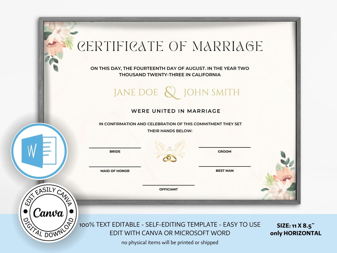 Editable Certificate of Marriage Template. Marriage License. - Etsy