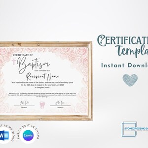 Editable Certificate of Baptism Template. Child Dedication. Printable Certificate. Editable with Canva or Microsoft Word.