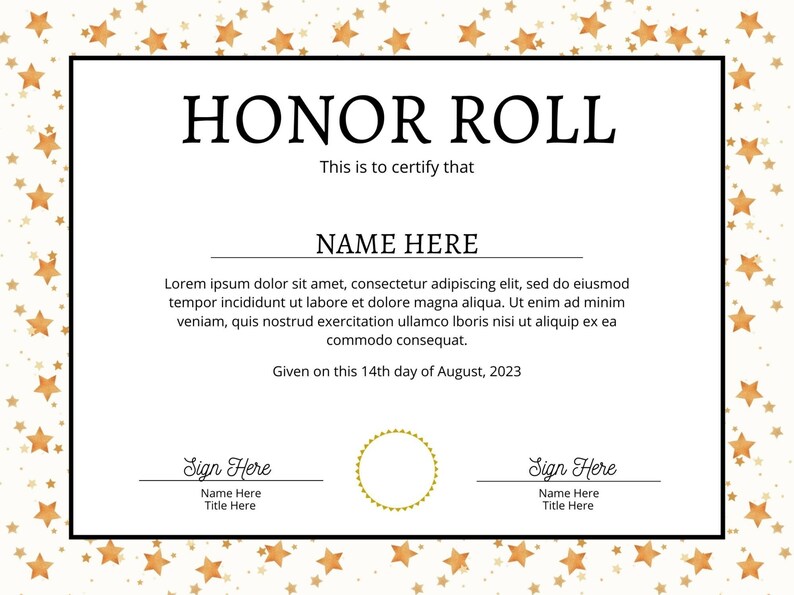 Editable Certificate of Honor Roll. Recognizing Academic - Etsy