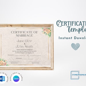 Editable Certificate Of Marriage Template. Marriage License. Printable Certificate. Editable with Canva or Microsoft Word.