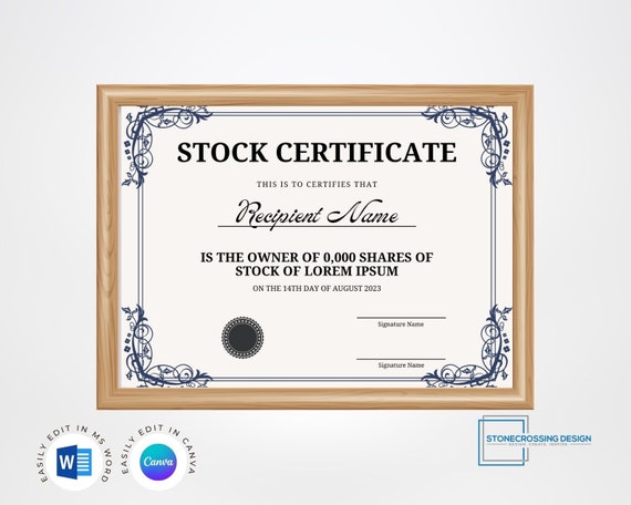 EDITABLE Stock Certificate Template Printable Certificate of 