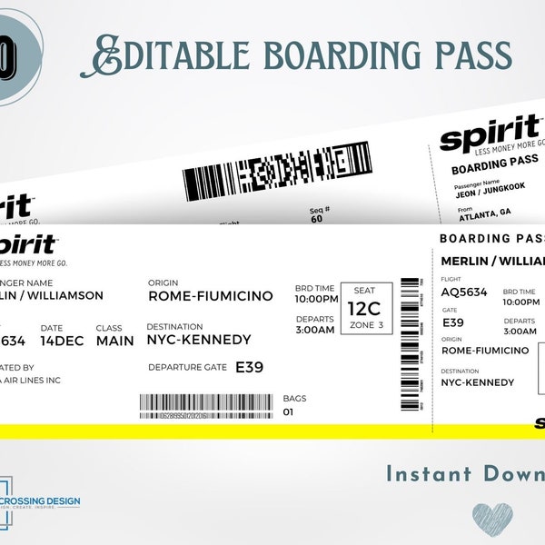 Editable Airline Boarding Pass Ticket Template.  Surprise Trip Ticket.  Printable Airline Ticket. Instant Download. Spirit Airlines.