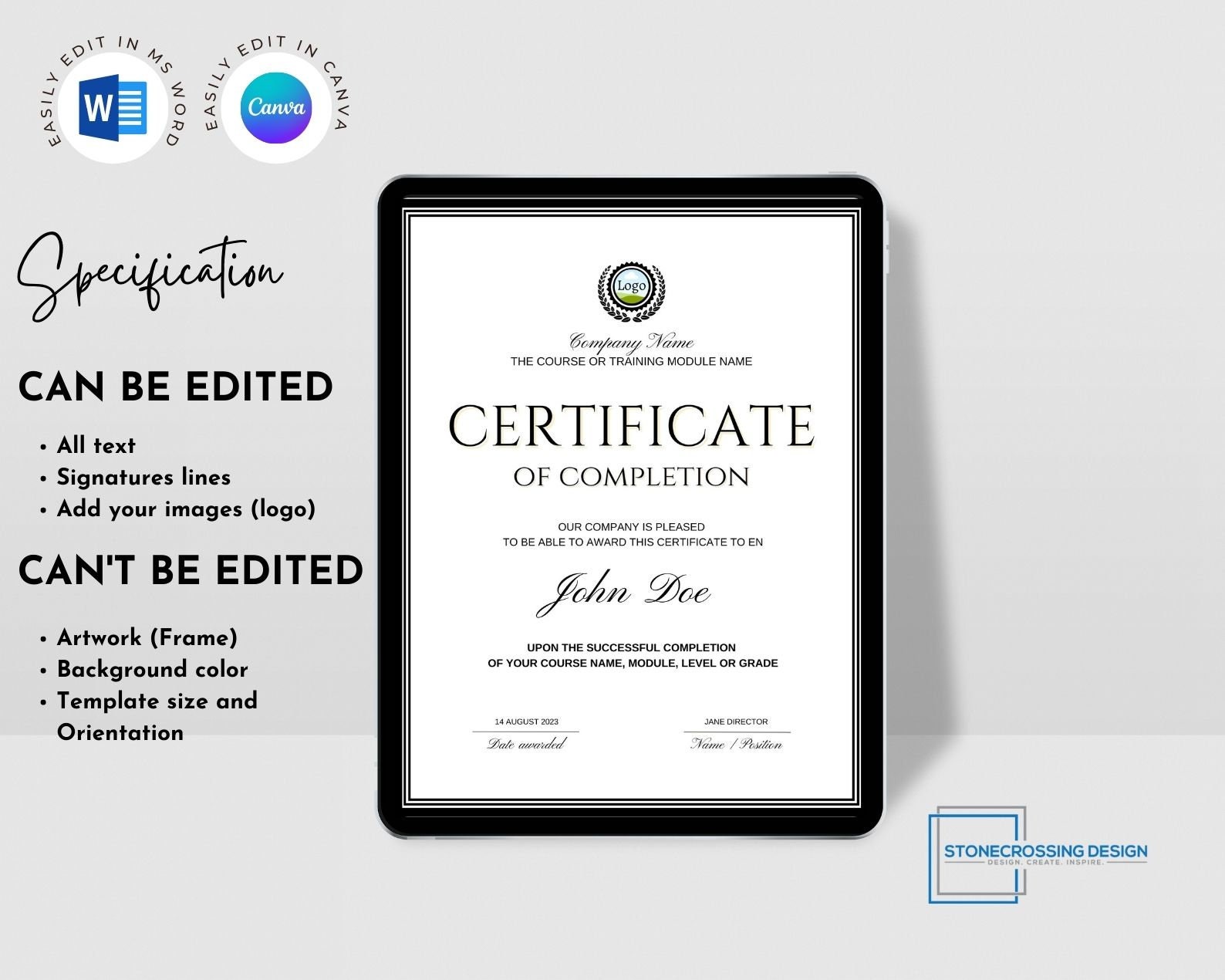 Editable Certificate of Completion Template. Award Template. Printable ...
