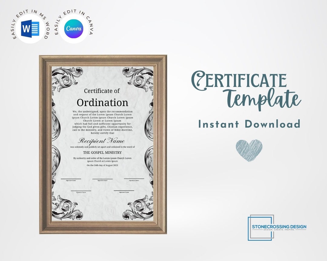 Editable Ordination Application Form Editable Certificate of Ordination Template. Ordained Minister ...