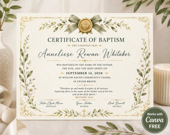 Editable Baptism Certificate, Baptism Canva Template, Printable Baptism Certificate, Christening Certificate, Digital Certificate
