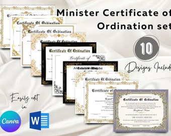 Complete Set Of 10 Certificate of Ordination Minister Template Bundle, DIY Ordained Minister Certificates, Edit In Canva or Microsoft Word