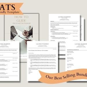 May include: A bundle of four resume templates with the text "ATS Friendly Template" and "Our Best Selling Bundle". The resume templates are for a person named Laurie Warren, who is an Operations Manager. The templates include sections for profile, education history, work experience, skills, and professional references.