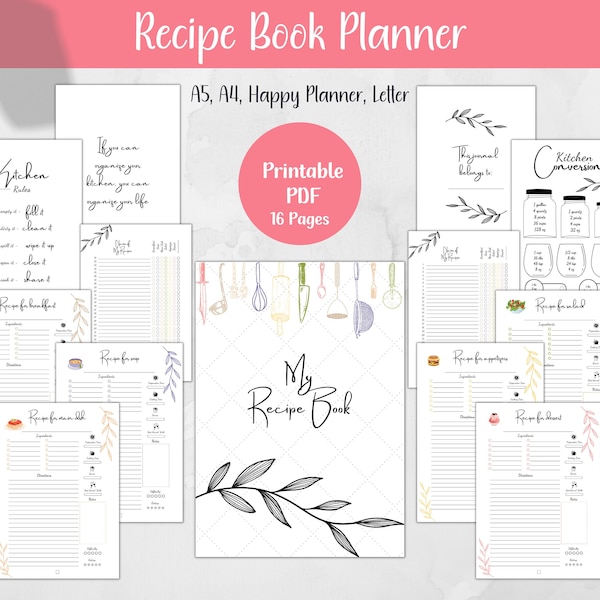 Printable Recipe Book Planner Pages, Recipe Binder, Cookbook, Recipe Planner, Recipe Book, Cooking Lover Present, A4 A5 Happy Planner Letter