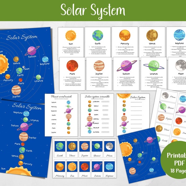 Ensemble imprimable du système solaire, activité pour enfants, apprentissage des planètes, impression éducative, cartes flash pour tout-petits, feuilles d'apprentissage PDF imprimables
