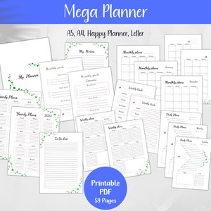 May include: A printable planner with 59 pages, featuring a green vine design. The planner includes pages for yearly, monthly, weekly, and daily planning, as well as a to-do list and notes pages.