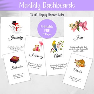 Portadas mensuales imprimibles, paneles de planificación, citas motivacionales, ilustraciones de temporada, divisores de revistas, planificador feliz de cartas A4 A5