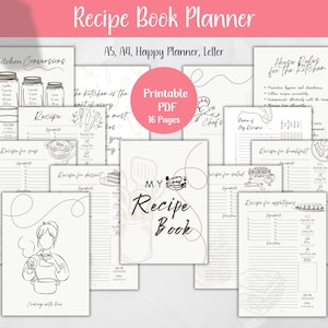 Páginas imprimibles del planificador de libros de recetas, carpeta de recetas, libro de cocina minimalista, planificador de libros de recetas, inserciones de recetas, A4, A5, planificador feliz, carta