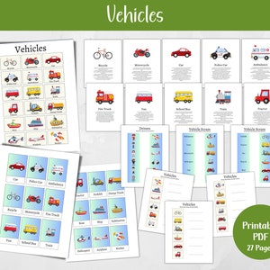 Paquete de vehículos imprimibles, actividad para niños, aprendizaje sobre vehículos, tarjetas didácticas de transporte, tarjetas didácticas para niños pequeños, hojas de aprendizaje en PDF imprimibles