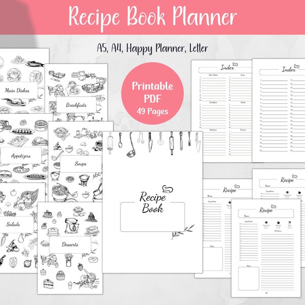 Printable Recipe Book Planner, Cookbook, Recipe Planner, Recipe Book Divider, Recipe Index Page, Recipe Notes, A5,A4, Happy Planner, Letter