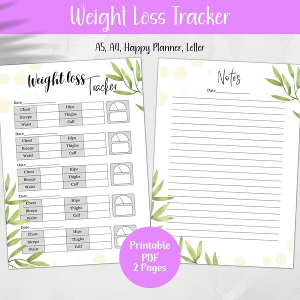 Weight Loss Tracker, Printable Fitness Planner Pages, Weight Recording, Body Measurements Register, Dates Notes, A4 A5 Letter Happy Planner