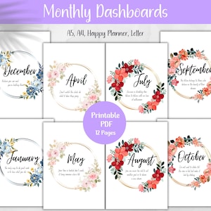Druckbare monatliche Dashboards, monatliche Einsätze, Inspiration Deck Pages, Blumen Dashboards, Journal Dividers, A5 A4 Letter Happy Planner