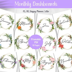 Couvertures mensuelles imprimables, tableaux de bord fleuris, encarts mensuels, pages de couverture avec cadre fleuri, intercalaires de journal uniques, Happy Planner A5 A4