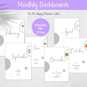 Printable Monthly Cover Pages, Seasonal Monthly Dashboard, Cover Page Inserts, Journal Dividers Vertical Format, A4 A5 Letter Happy Planner