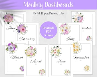 May include: Twelve printable monthly calendar pages featuring floral designs. Each page has a different flower arrangement and the month name written in cursive. The text "Printable PDF 12 Pages" is also included.