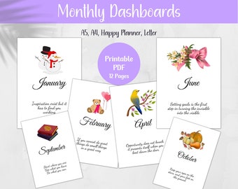 May include: Printable monthly dashboard planner with inspirational quotes and illustrations. The planner includes 12 pages, one for each month of the year. The months are January, February, April, June, September, and October. The illustrations include a snowman, a teddy bear, a bird, a bow, books, and pumpkins.