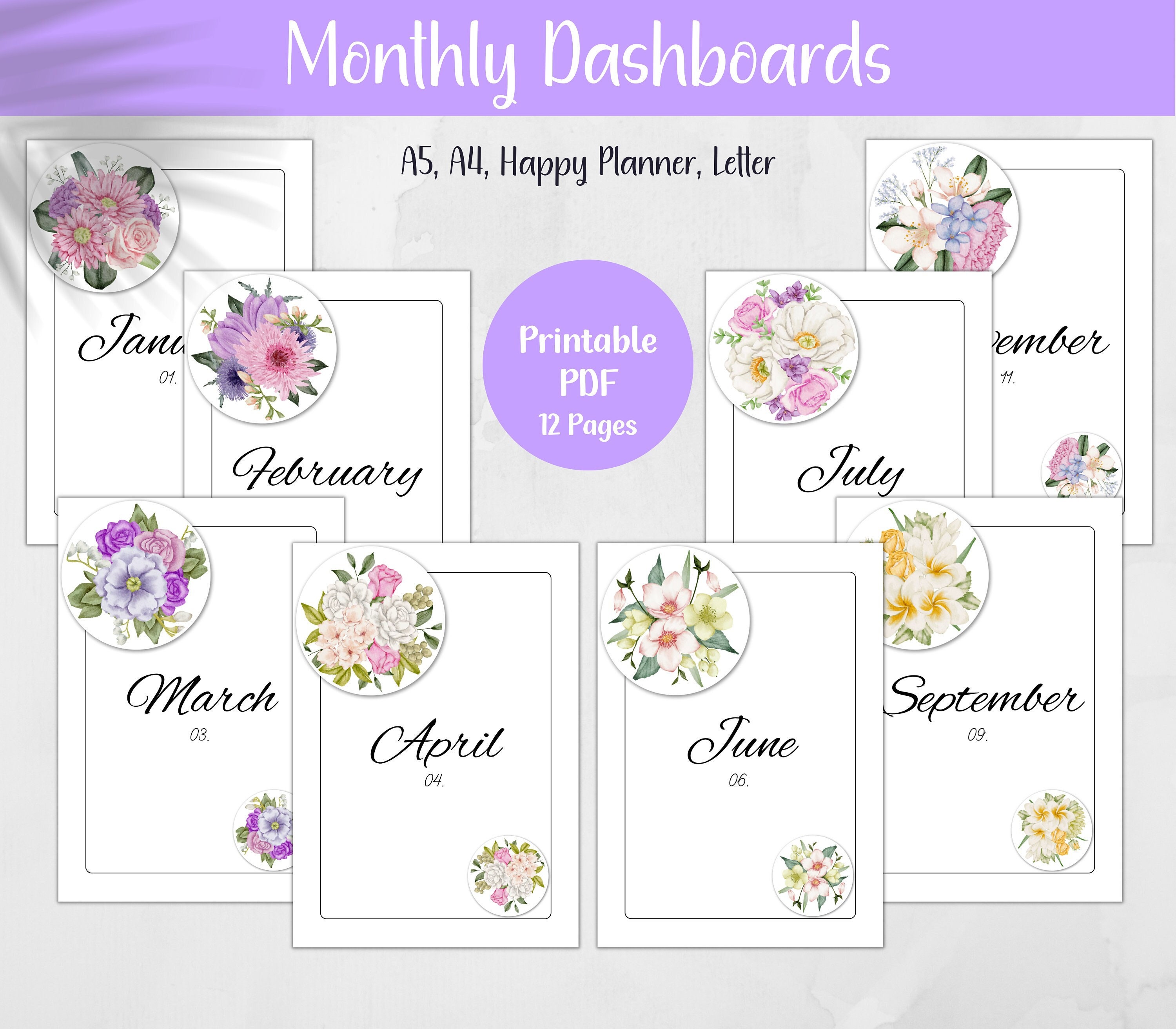Printable Watercolor Monthly Dashboards, Planner Pages, Flowers ...