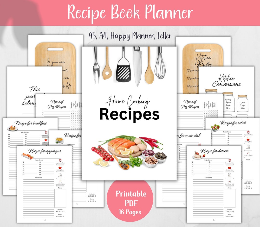 Printable Home Cooking Recipe Book Planner Pages, Recipe Binder