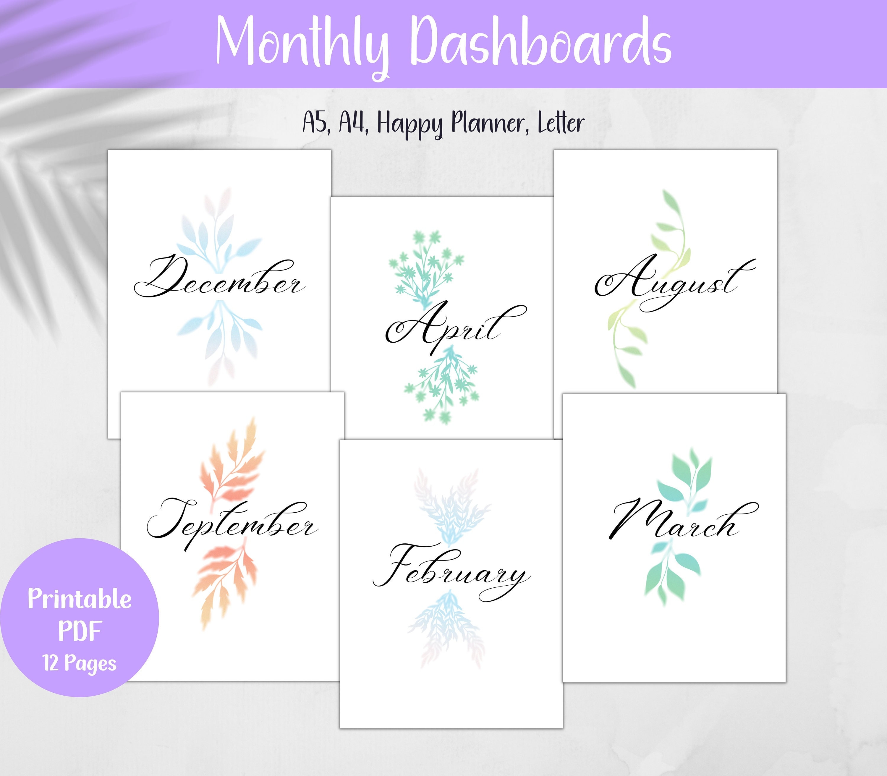 Printable Watercolor Monthly Dashboards, Monthly Inserts, Planner Pages ...
