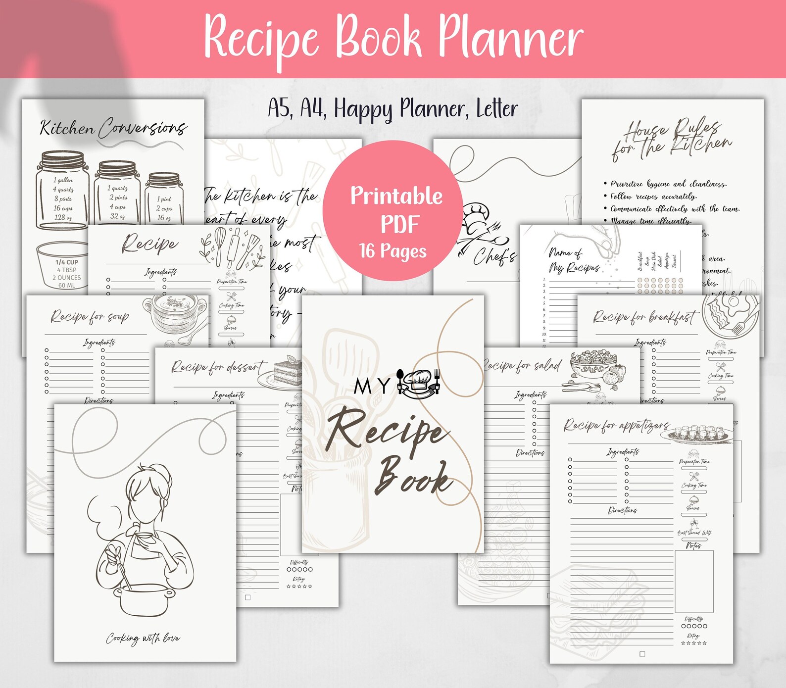 Printable Recipe Book Planner Pages, Recipe Binder, Minimalist Cookbook ...