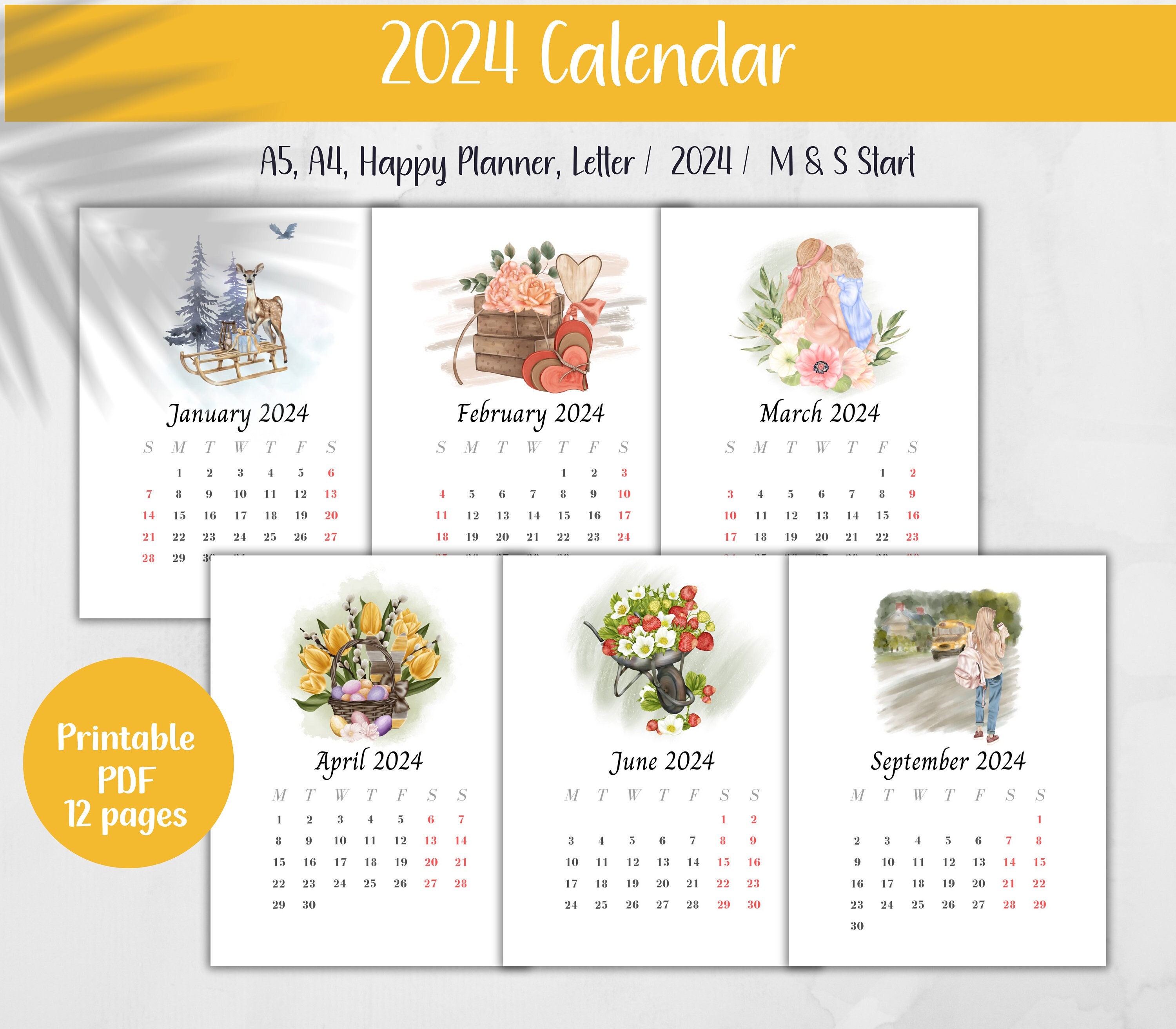 2024 Topical Calendar Printable Monthly Charm Special Event Etsy